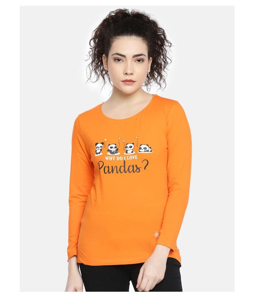 Dollar Missy Women Cotton Printed Slim Fit Round Neck T-Shirt ( Orange )     			Dollar Missy Women Cotton Printed Slim Fit Round Neck T-Shirt ( Orange )