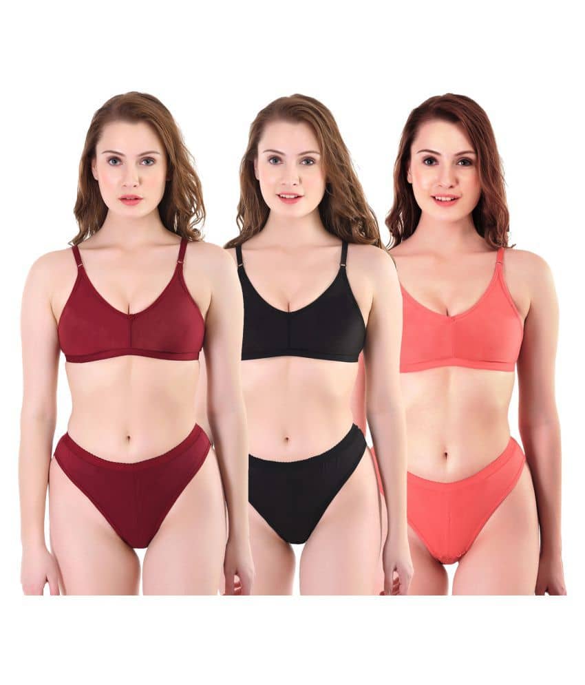 TCG Pack of 3 Cotton Lycra Women's Bra & Panty Set ( Multi Color )