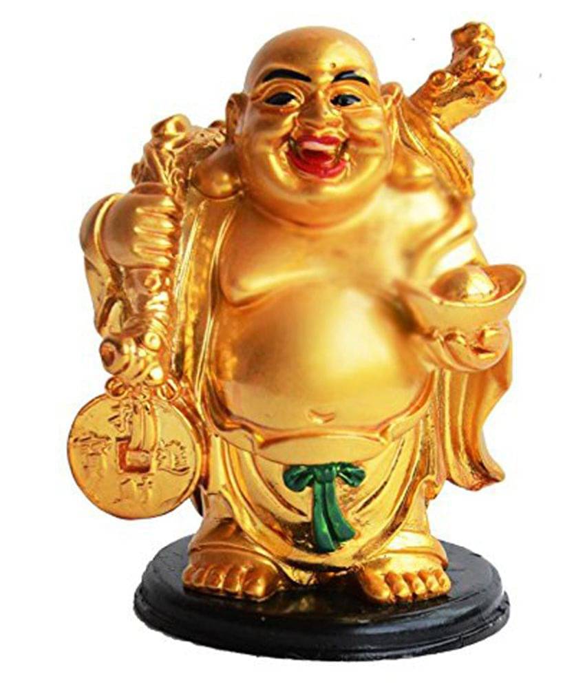     			PrettyKrafts Polyresin Laughing Buddha A Huge Gold Ingot Showpiece Statue for Good Luck Prosperity Health Wealth Happiness Success Home Decor (9.5 cm X 6.5 cm)