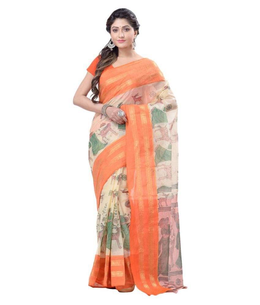     			Desh Bidesh Cotton Self Design Saree Without Blouse Piece ( Orange,White )