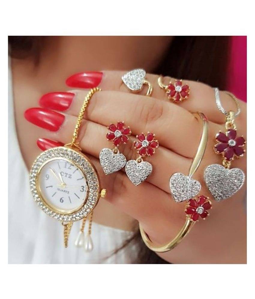     			Navya Collections American Diamond Pendant Combo Set With Bracelet Watch for Girl/Woman
