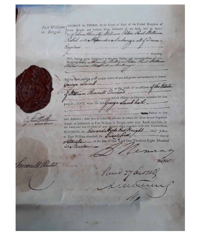     			1819 - FORT WILLIAM , CALCUTTA , BENGAL , EAST INDIA COMPANY , EIC , E.I.C - Document with Red Seal , George III