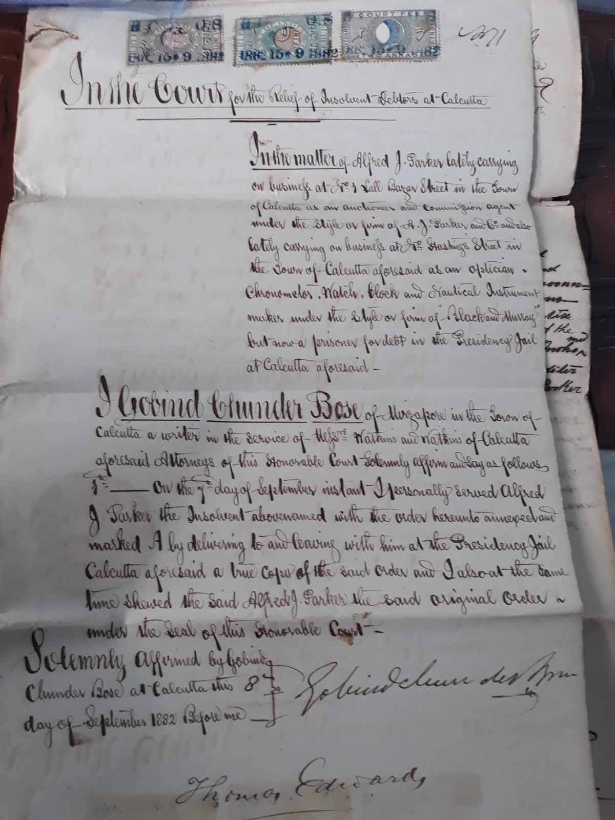     			1882 - FORT WILLIAM , CALCUTTA , BENGAL , EAST INDIA COMPANY , EIC , E.I.C - Document with Red Seal , George III
