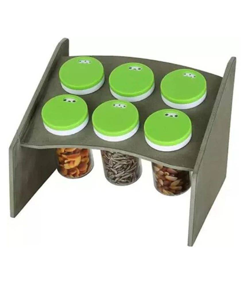     			Condiment Spice Jars Set - Multipurpose Wooden Base Stand Spice Rack Masala Organiser - 6 Pcs