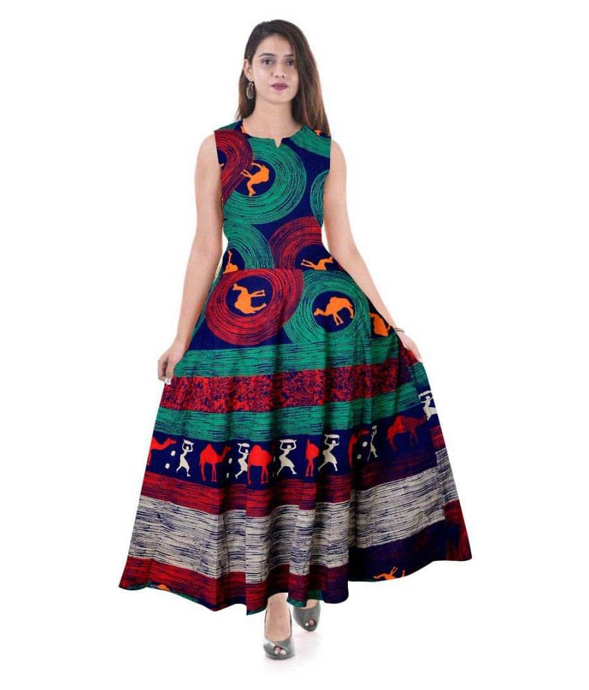 Rangun Women Cotton Printed A-line Dress ( Blue ) Rangun Women Cotton Printed A-line Dress ( Blue )