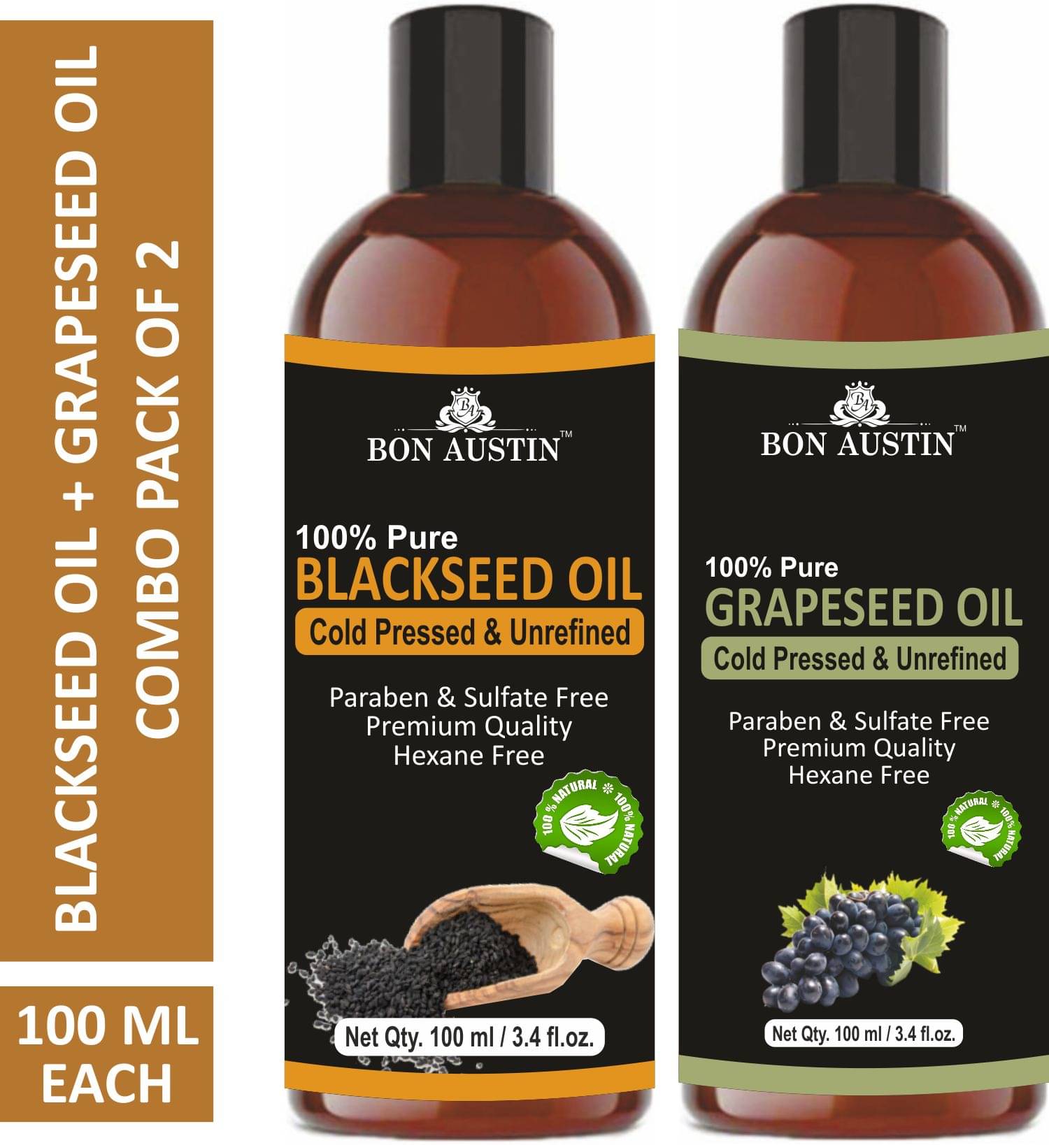     			Bon Austin Premium Blackseed Oil & Grapeseed Oil - Cold Pressed & Unrefined Combo pack of 2 bottles of 100 ml(200 ml)