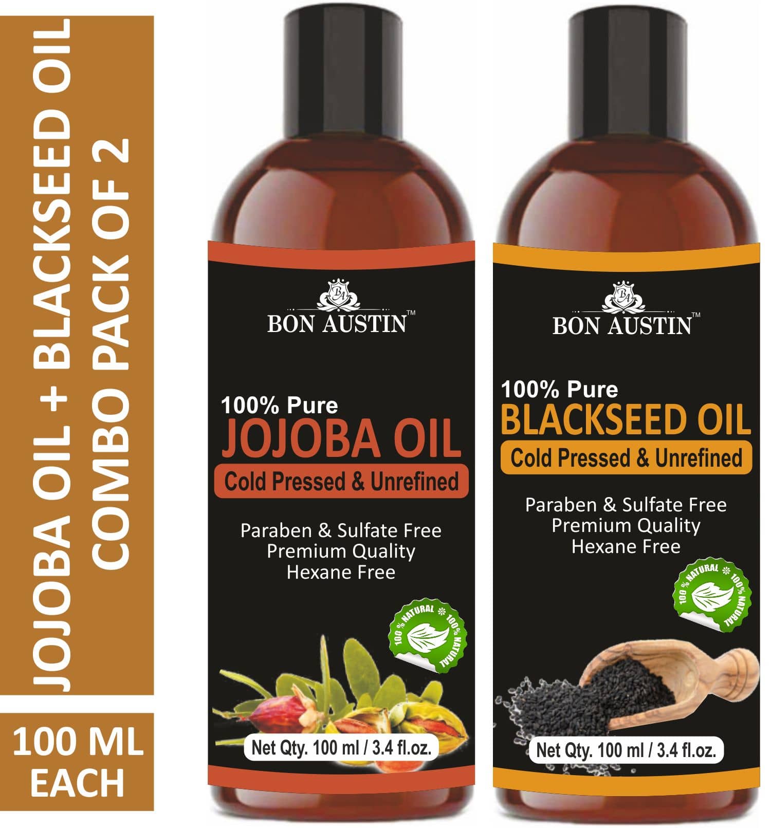 Bon Austin Premium Jojoba Oil & Blackseed Oil  - Cold Pressed & Unrefined Combo pack of 2 bottles of 100 ml(200 ml)