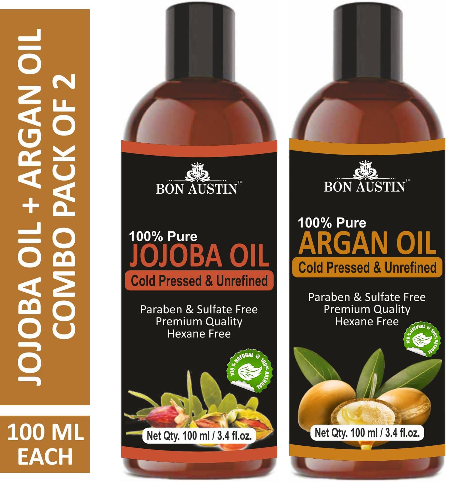 Bon Austin Premium Jojoba Oil & Argan Oil - Cold Pressed & Unrefined Combo pack of 2 bottles of 100 ml(200 ml)