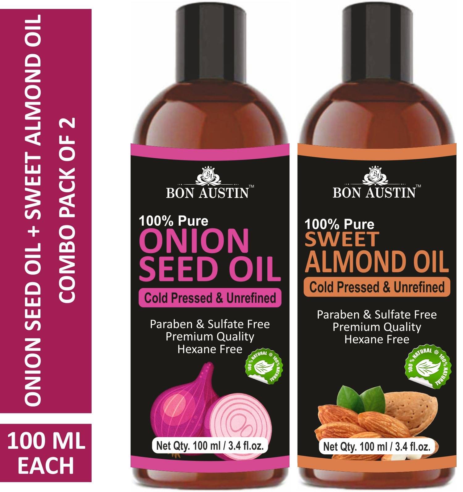 Bon Austin Premium Onion Seed Oil & Sweet Almond Oil - Cold Pressed & Unrefined Combo pack of 2 bottles of 100 ml(200 ml) Bon Austin Premium Onion Seed Oil & Sweet Almond Oil - Cold Pressed & Unrefined Combo pack of 2 bottles of 100 ml(200 ml)