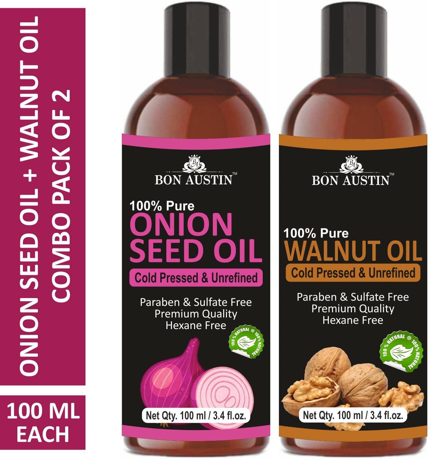     			Bon Austin Premium Onion Seed Oil &  Walnut Oil - Cold Pressed & Unrefined Combo pack of 2 bottles of 100 ml(200 ml)