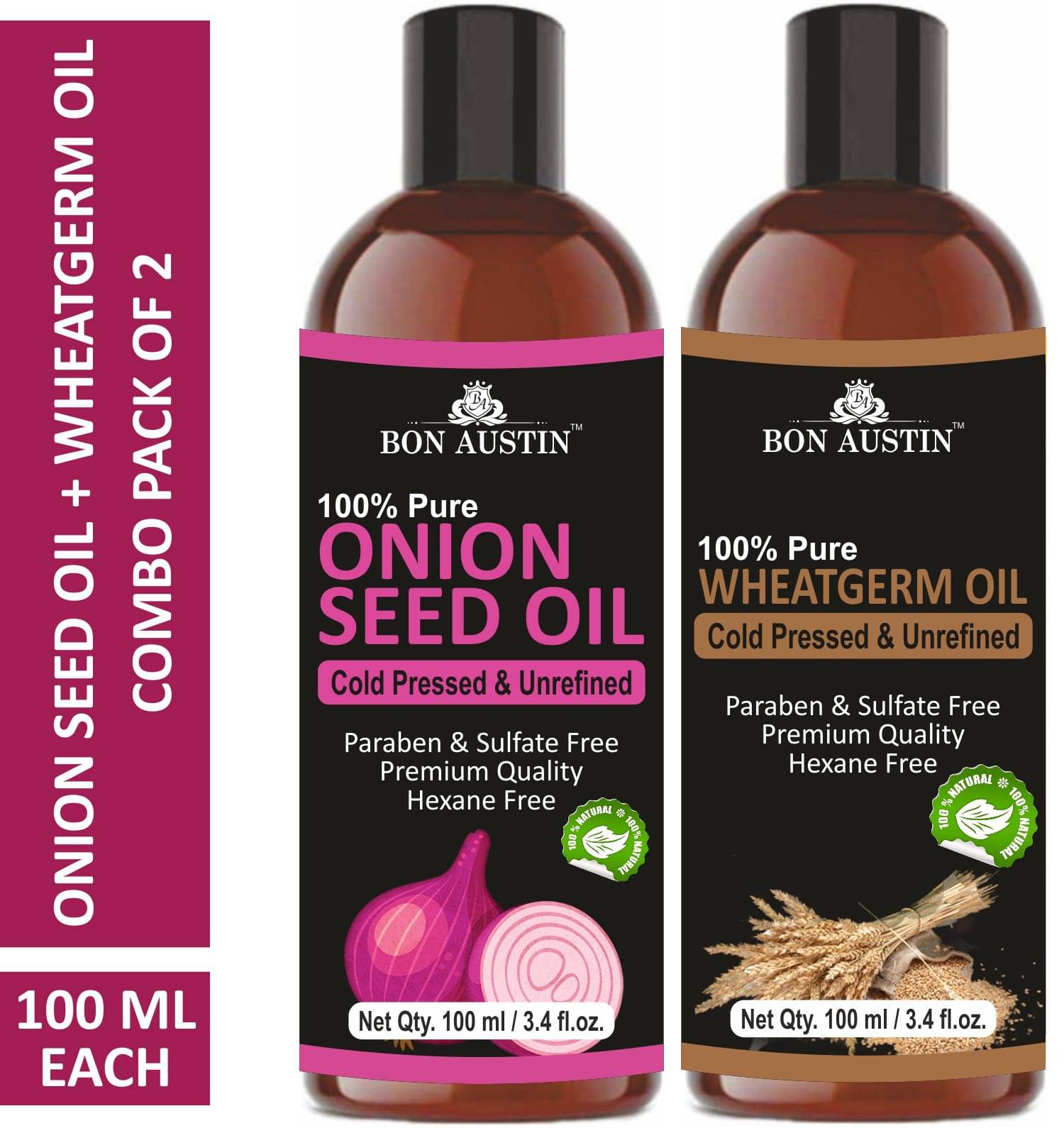     			Bon Austin Premium Onion Seed Oil &  Wheatgerm Oil  - Cold Pressed & Unrefined Combo pack of 2 bottles of 100 ml(200 ml)
