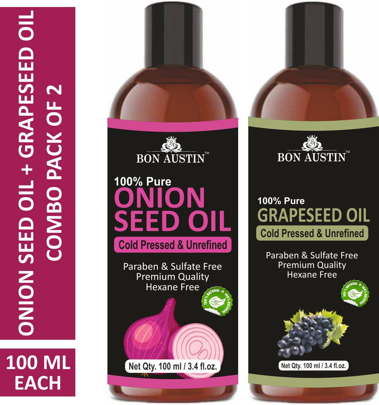     			Bon Austin Premium Onion Seed Oil & Grapeseed oil - Cold Pressed & Unrefined Combo pack of 2 bottles of 100 ml(200 ml)