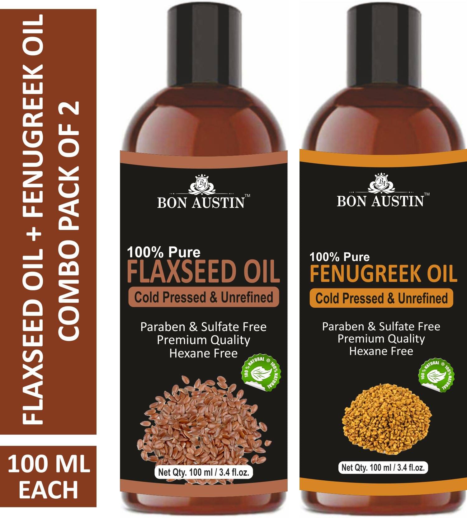     			Bon Austin Premium Flaxseed Oil & Fenugreek Oil  - Cold Pressed & Unrefined Combo pack of 2 bottles of 100 ml(200 ml)