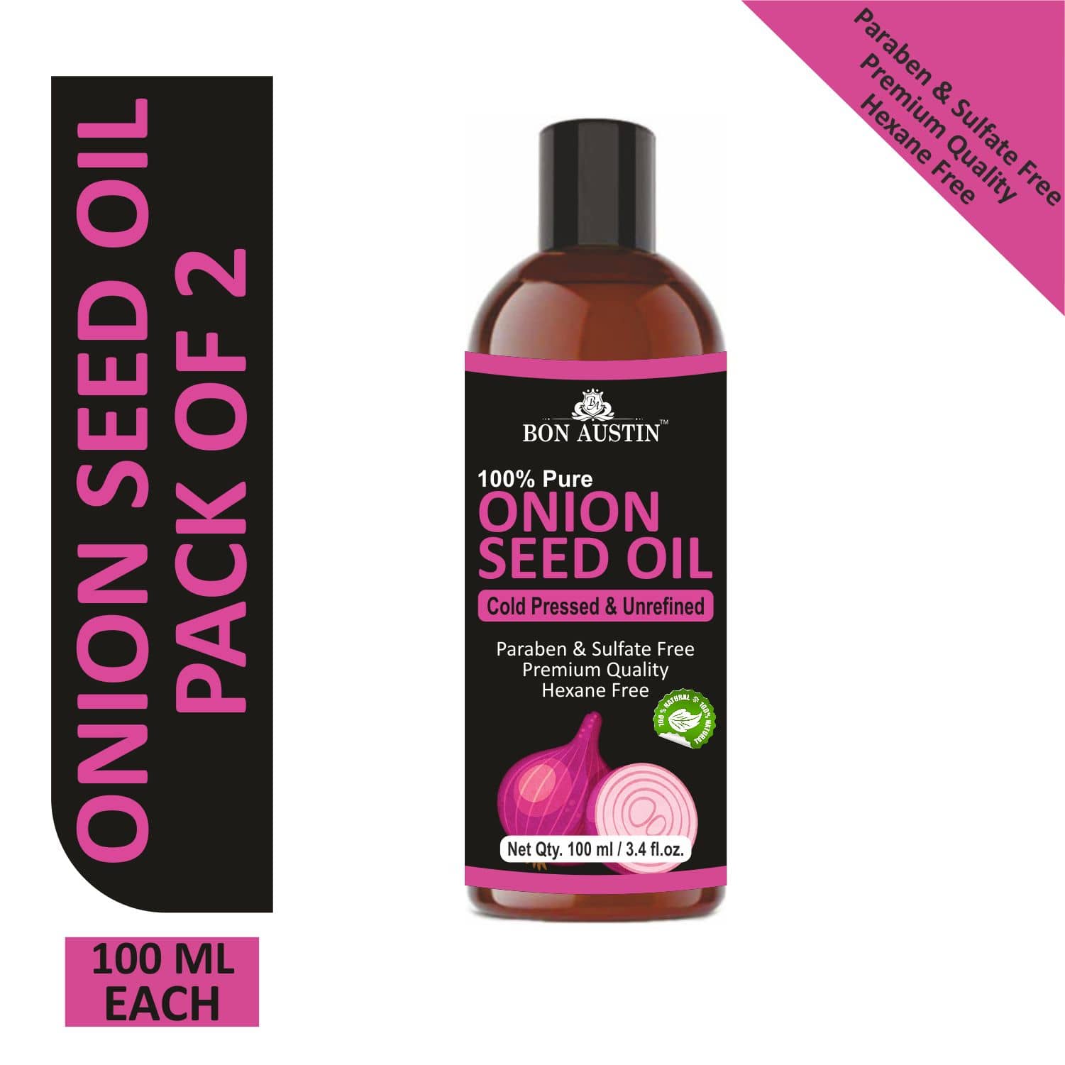 Bon Austin  Premium Onion Seed oil - Cold Pressed & Unrefined Combo pack of 2 bottles of 100 ml(200 ml)