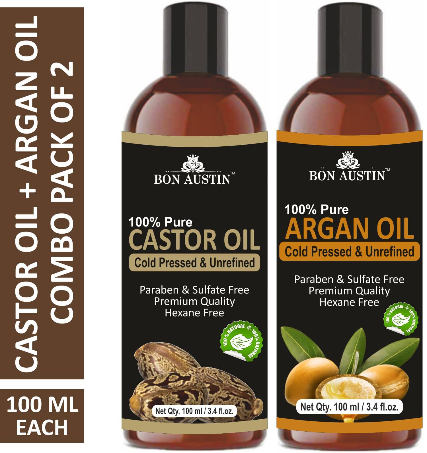 Bon Austin Premium Castor Oil & Argan Oil - Cold Pressed & Unrefined Combo pack of 2 bottles of 100 ml(200 ml)