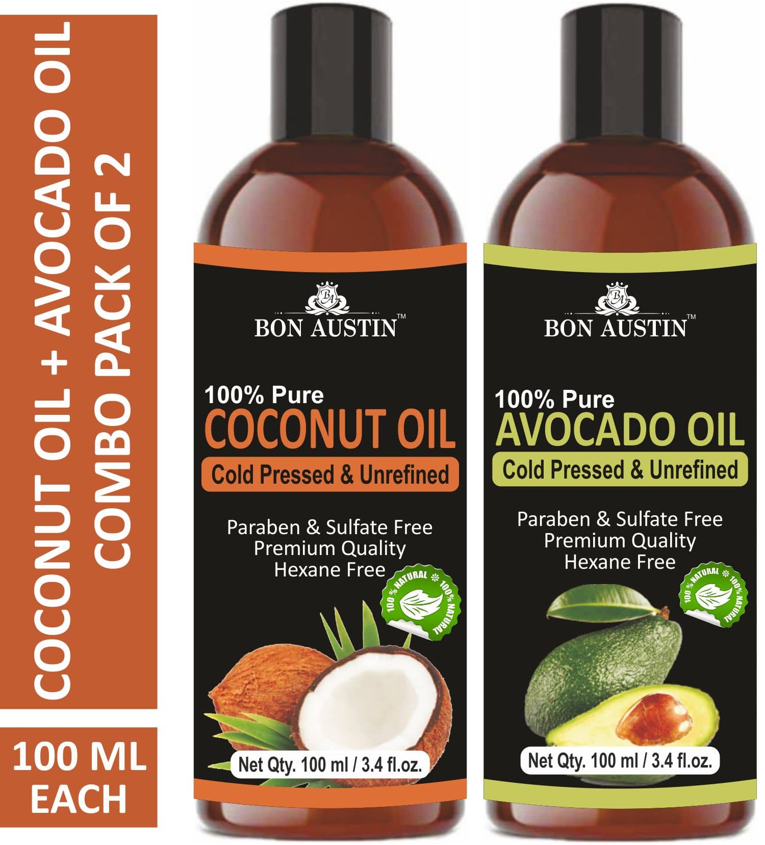 Bon Austin Premium Coconut Oil & Avocado Oil - Cold Pressed & Unrefined Combo pack of 2 bottles of 100 ml(200 ml)