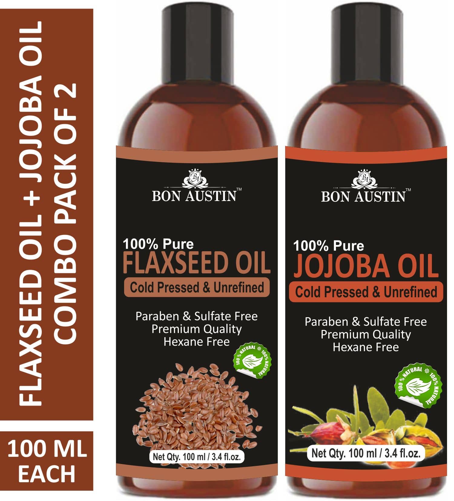 Bon Austin Premium Flaxseed Oil & Jojoba Oil - Cold Pressed & Unrefined Combo pack of 2 bottles of 100 ml(200 ml)