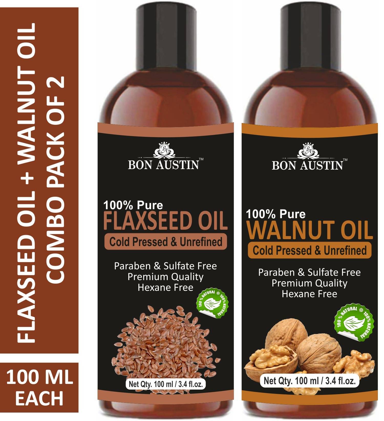     			Bon Austin Premium Flaxseed Oil & Walnut Oil  - Cold Pressed & Unrefined Combo pack of 2 bottles of 100 ml(200 ml)