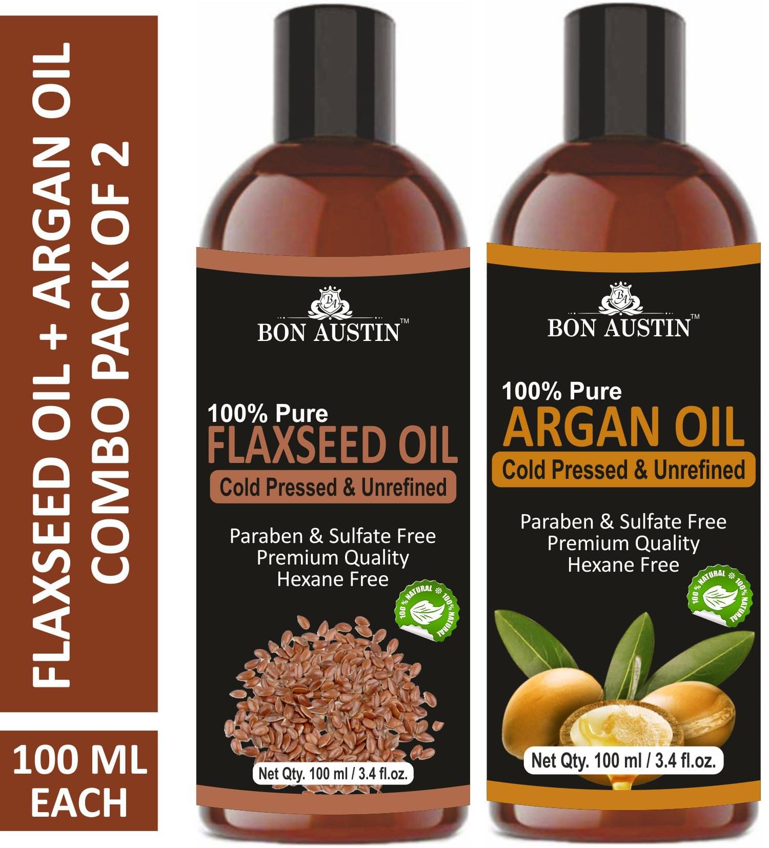     			Bon Austin Premium Flaxseed Oil & Argan Oil  - Cold Pressed & Unrefined Combo pack of 2 bottles of 100 ml(200 ml)