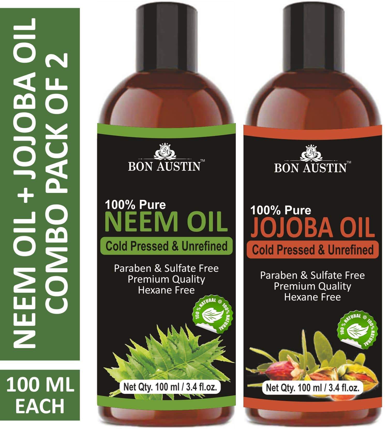 Bon Austin Premium Neem Oil & Jojoba Oil - Cold Pressed & Unrefined Combo pack of 2 bottles of 100 ml(200 ml)