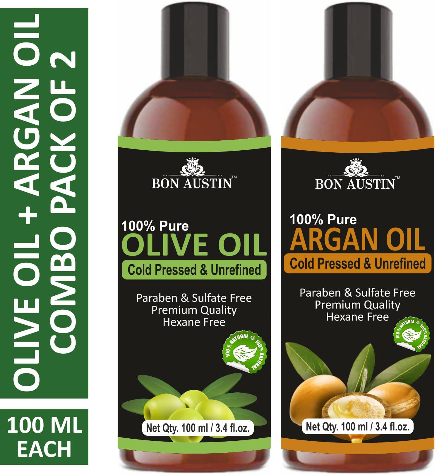 Bon Austin Premium Olive Oil & Argan Oil  - Cold Pressed & Unrefined Combo pack of 2 bottles of 100 ml(200 ml)