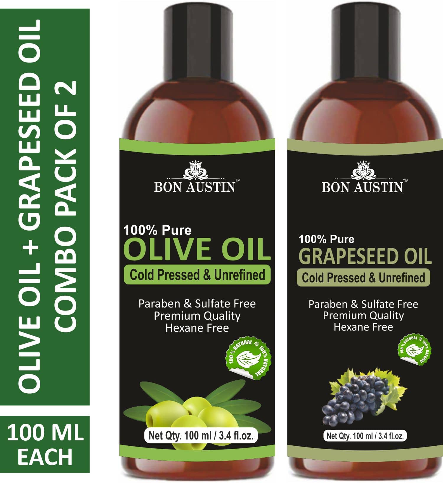 Bon Austin Premium Olive Oil & Grapeseed Oil - Cold Pressed & Unrefined Combo pack of 2 bottles of 100 ml(200 ml)