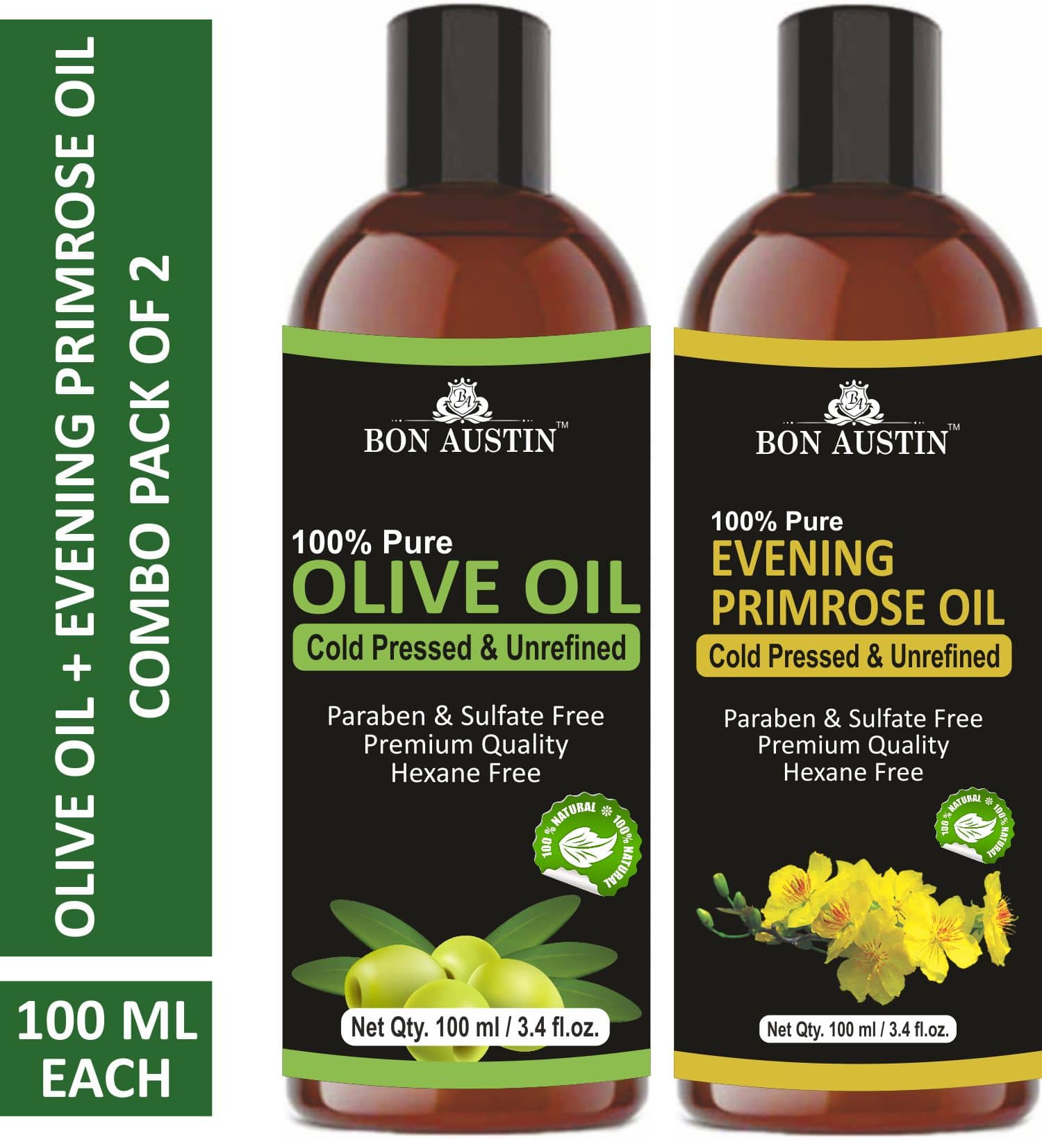 Bon Austin Premium Olive Oil & Evening Primrose  Oil  - Cold Pressed & Unrefined Combo pack of 2 bottles of 100 ml(200 ml)