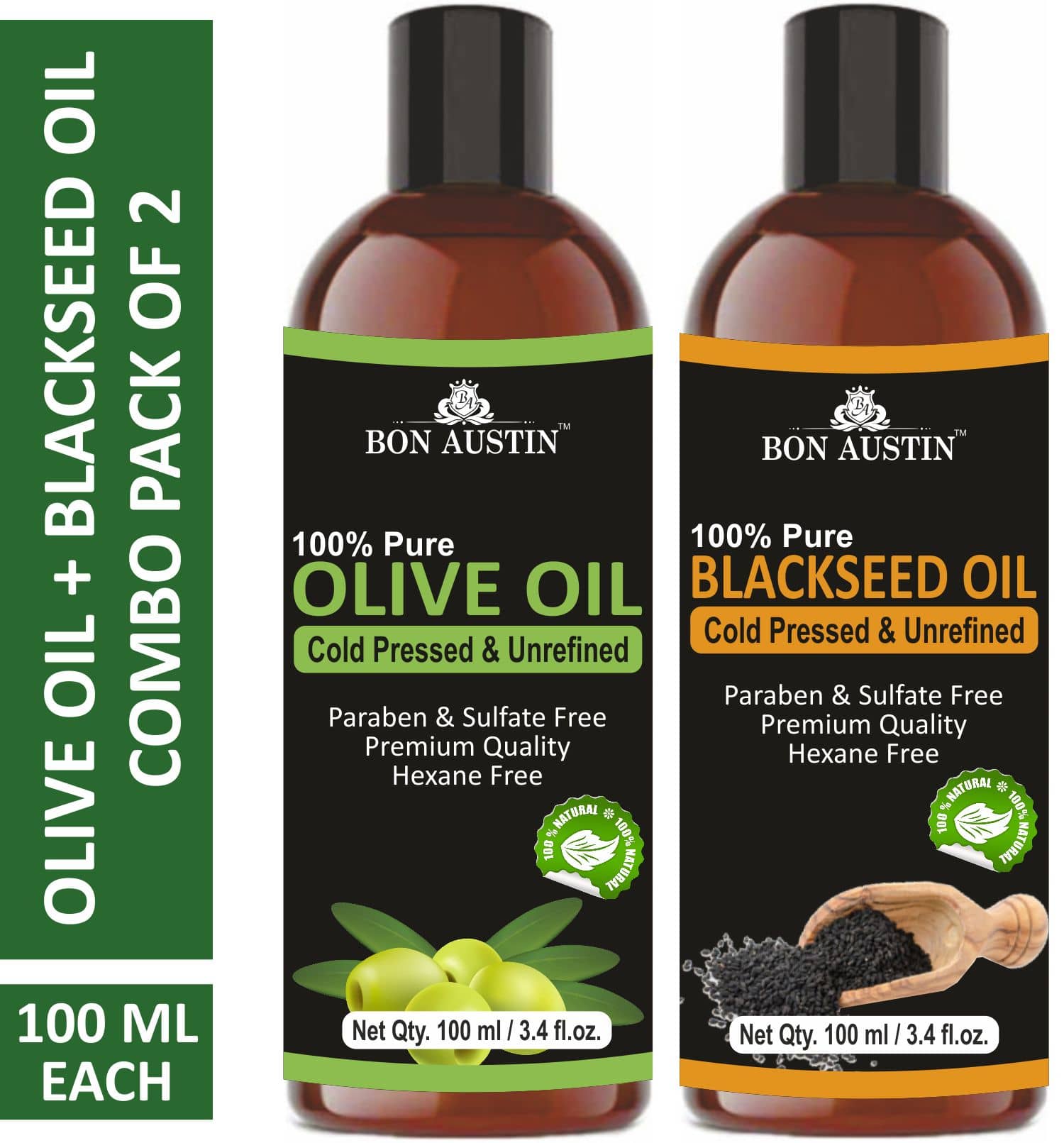Bon Austin Premium Olive Oil & Blackseed(Kalonji) Oil  - Cold Pressed & Unrefined Combo pack of 2 bottles of 100 ml(200 ml)