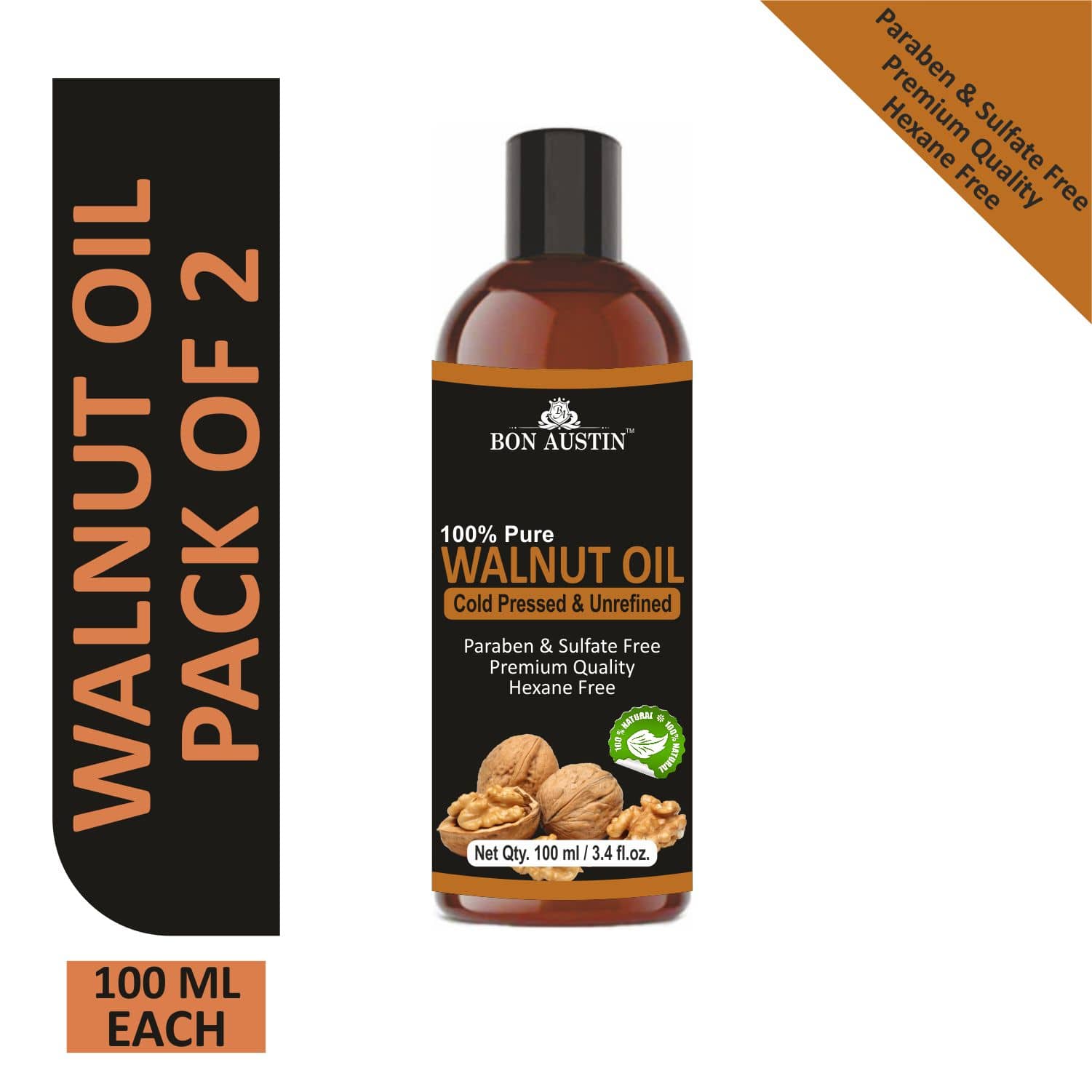 Bon Austin  Premium Walnut oil  - Cold Pressed & Unrefined Combo pack of 2 bottles of 100 ml(200 ml)