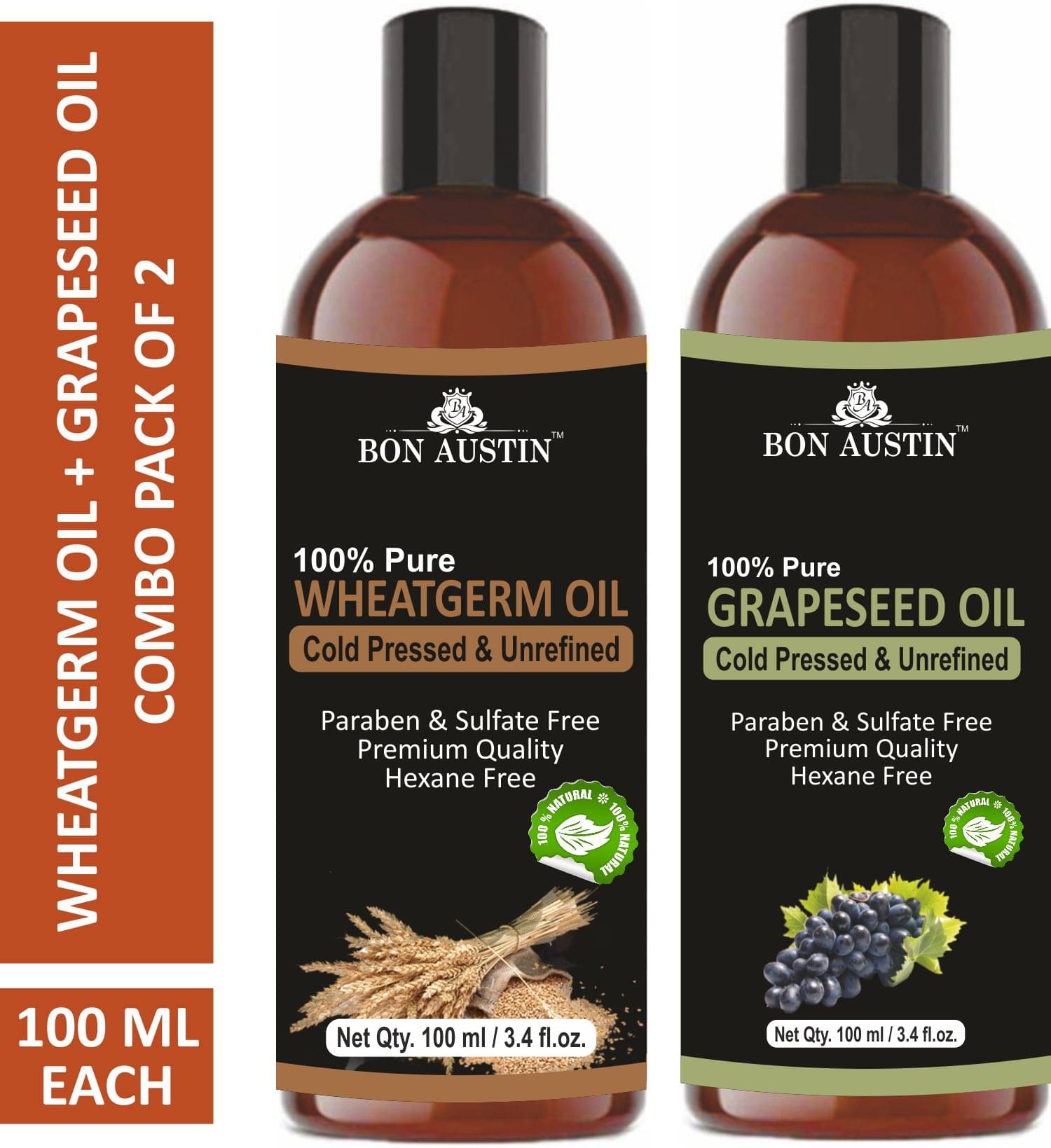Bon Austin Premium Wheatgerm Oil & Grapeseed Oil - Cold Pressed & Unrefined Combo pack of 2 bottles of 100 ml(200 ml) Bon Austin Premium Wheatgerm Oil & Grapeseed Oil - Cold Pressed & Unrefined Combo pack of 2 bottles of 100 ml(200 ml)