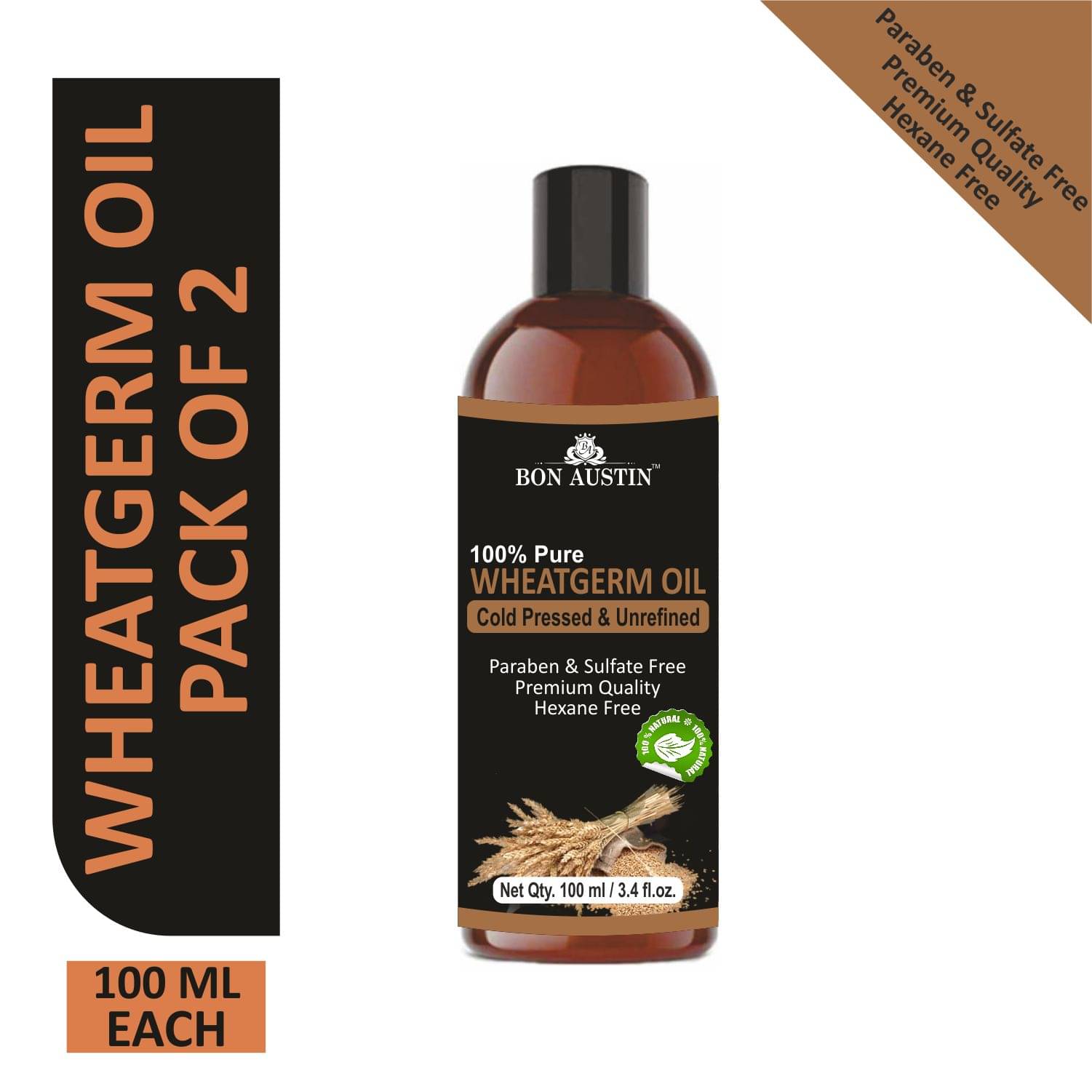 Bon Austin Premium Wheatgerm oil - Cold Pressed & Unrefined Combo pack of 2 bottles of 100 ml(200 ml) Bon Austin Premium Wheatgerm oil - Cold Pressed & Unrefined Combo pack of 2 bottles of 100 ml(200 ml)