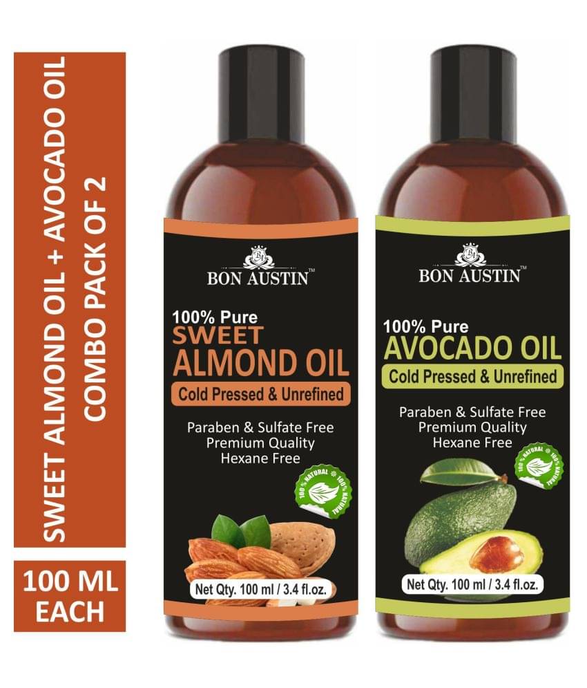 Bon Austin 100% Pure & Natural Sweet Almond Oil & Avocado Oil - Cold Pressed & Unrefined Combo pack of 2 bottles of 100 ml(200 ml)     			Bon Austin 100% Pure & Natural Sweet Almond Oil & Avocado Oil - Cold Pressed & Unrefined Combo pack of 2 bottles of 100 ml(200 ml)