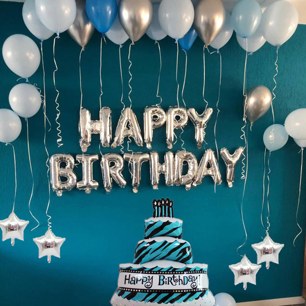     			Pixelfox Happy Birthday Silver (13 Letter)Foil+ Cake Foil+ 4 Star Foil (5 Inchs)(Silver)+ 30 pcs Balloons (Silver, Sky Blue, Dark Blue) birthday decoration kit, birthday balloon decoration combo for Boys, Girls, Kids, husband and Wife.