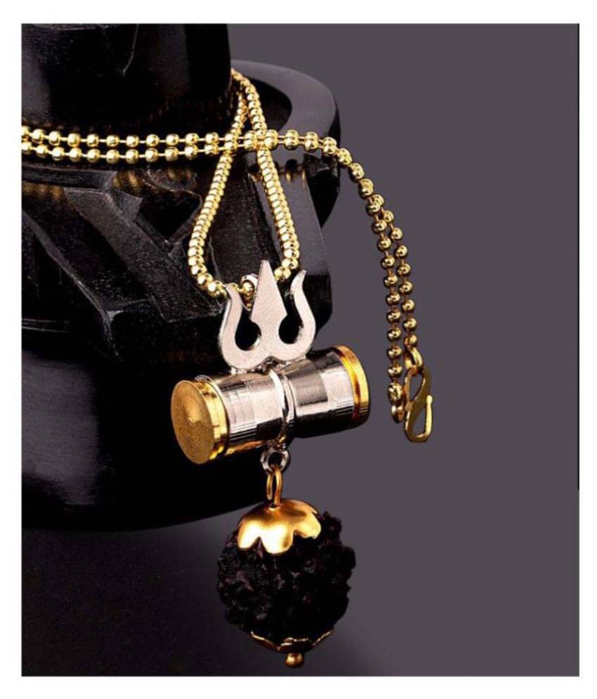     			Shiv Shakti Kavach 5 Mukhi Rudraksha With Shiv Trishul & Damru Wood Chain Gold-plated Plated Brass Chain