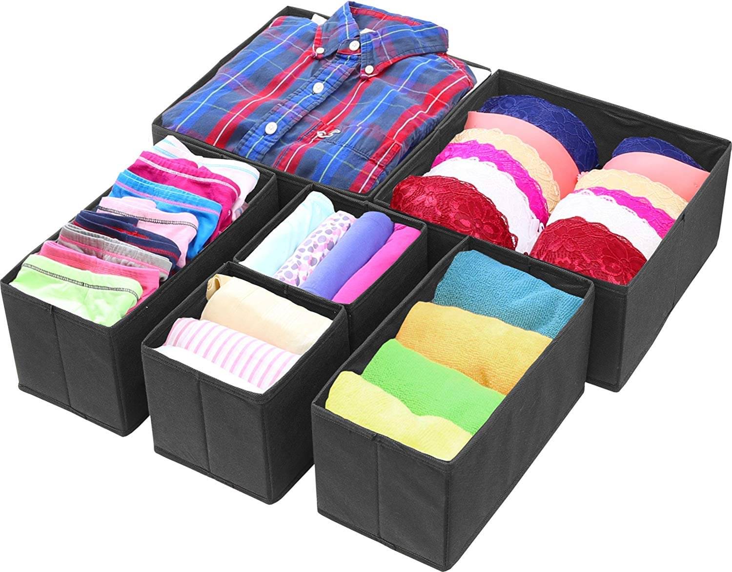     			House of Quirk Foldable Cloth Storage BoxCloset Dresser Drawer Organizer Cube Basket Bins Containers Divider with Drawers for Underwear, Bras, Socks, Ties, Scarves, Set of 6 (Black)
