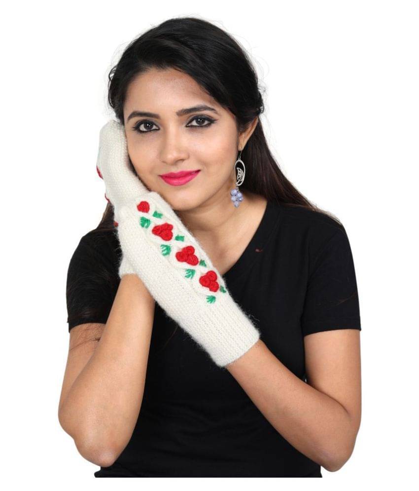 KC Store Women's Off-White Handmade Woolen With Embroidery (Flowers)Gloves For Winters KC Store Women's Off-White Handmade Woolen With Embroidery (Flowers)Gloves For Winters