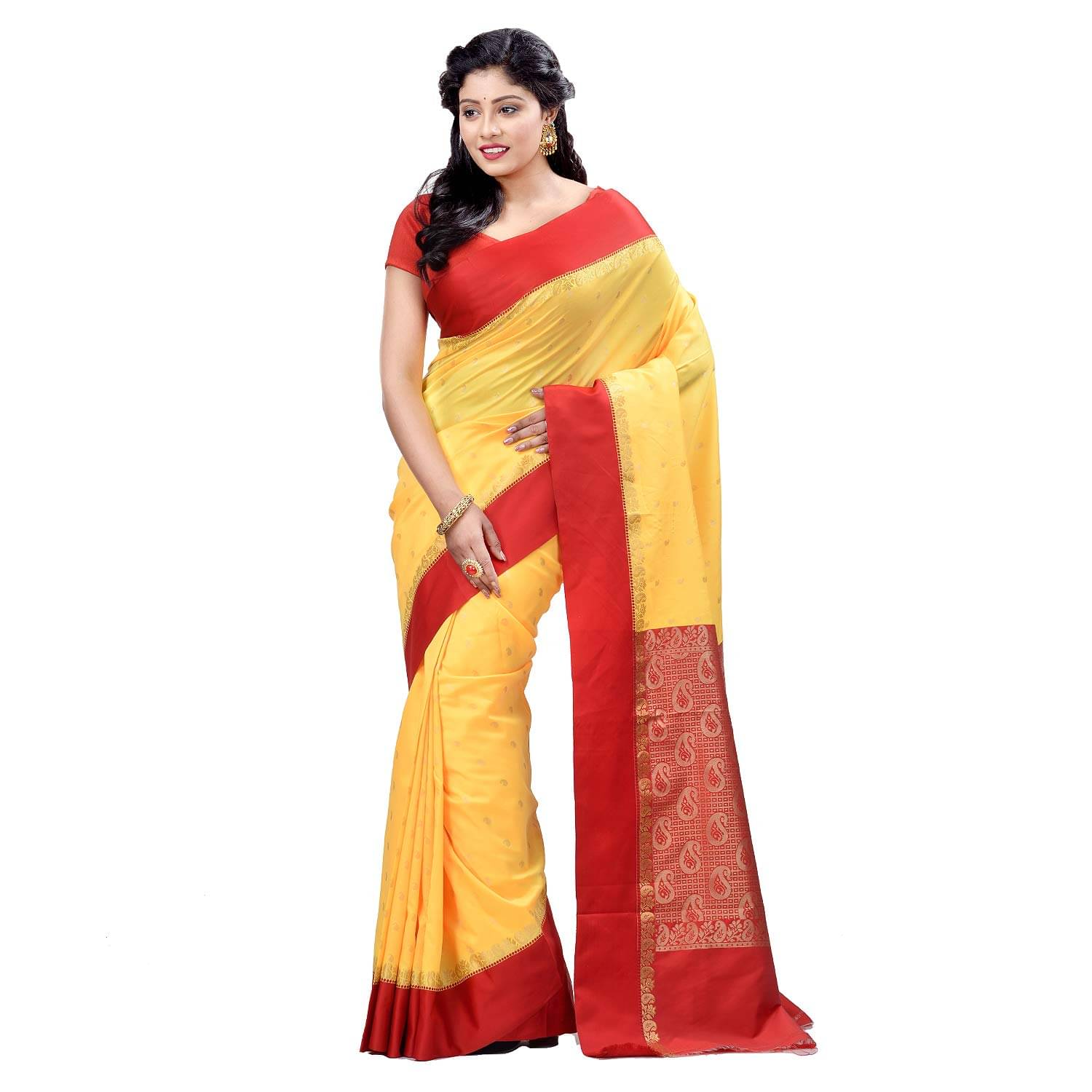     			Desh Bidesh Cotton Embellished Saree With Unstitched Blouse Piece ( Red,Yellow )