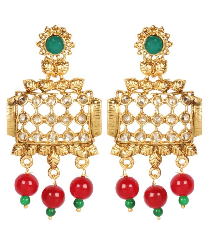     			Priyaasi Gold Plated Leaf Pattern Maroon Beaded Drop Earrings