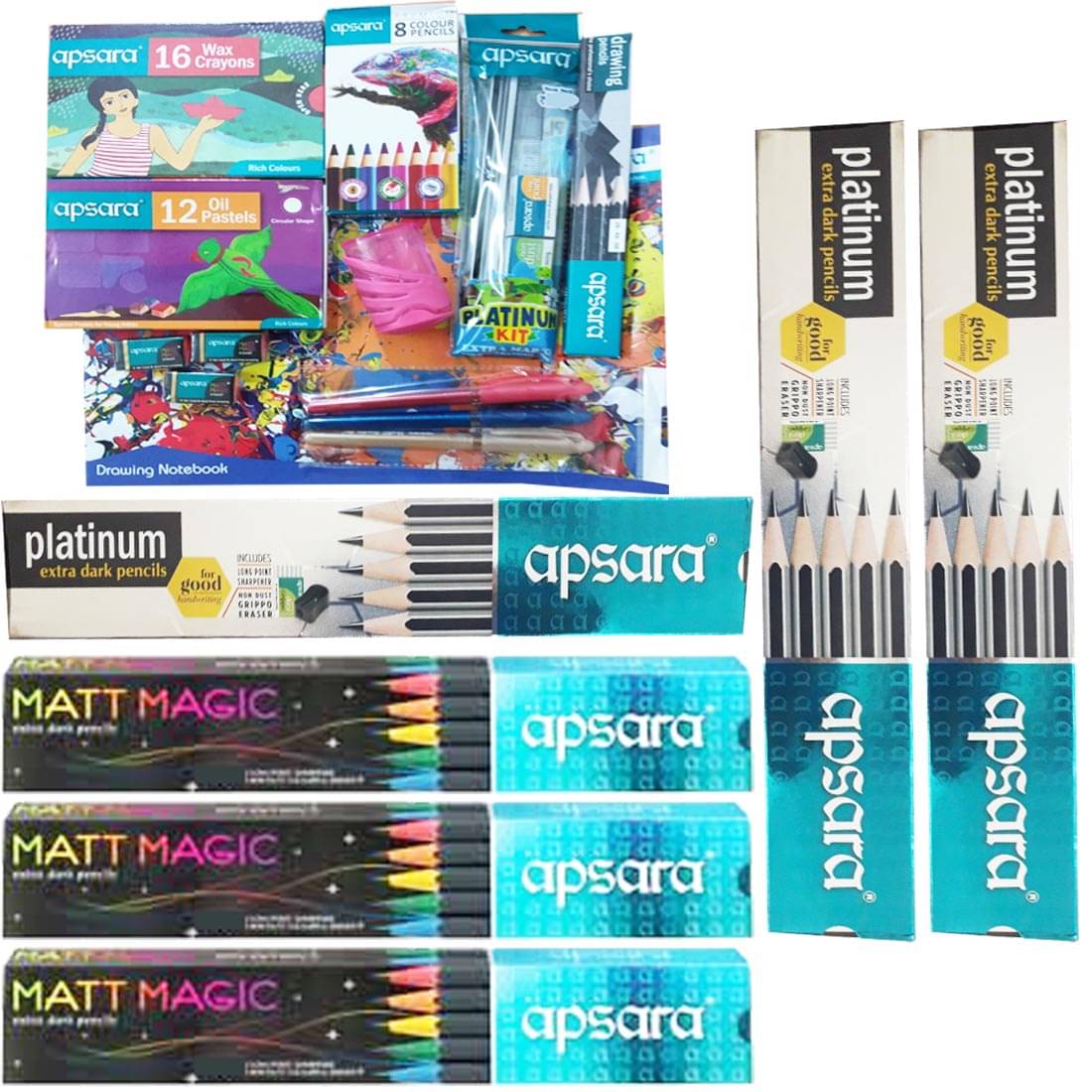     			1 APSARA DESIGNERS KIT + 30 APSARA PLATINUM EXTRA DAR PENCILS + 30 APSARA MATTMAGIC PENCILS