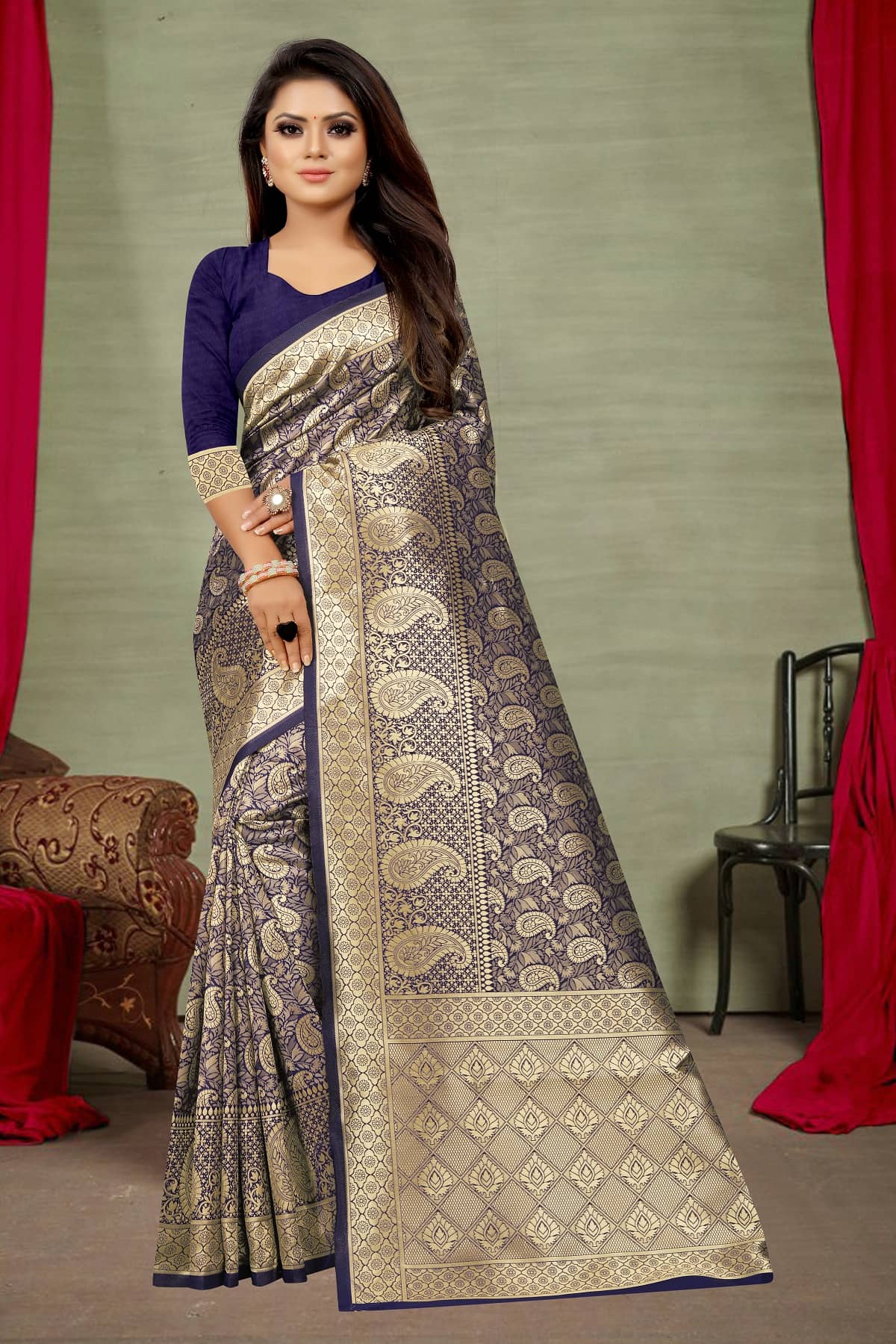 Gazal Fashions Banarasi Silk Printed Saree With Unstitched Blouse Piece ( Multicolor ) - Sarees | Buy online on ZillyBuy