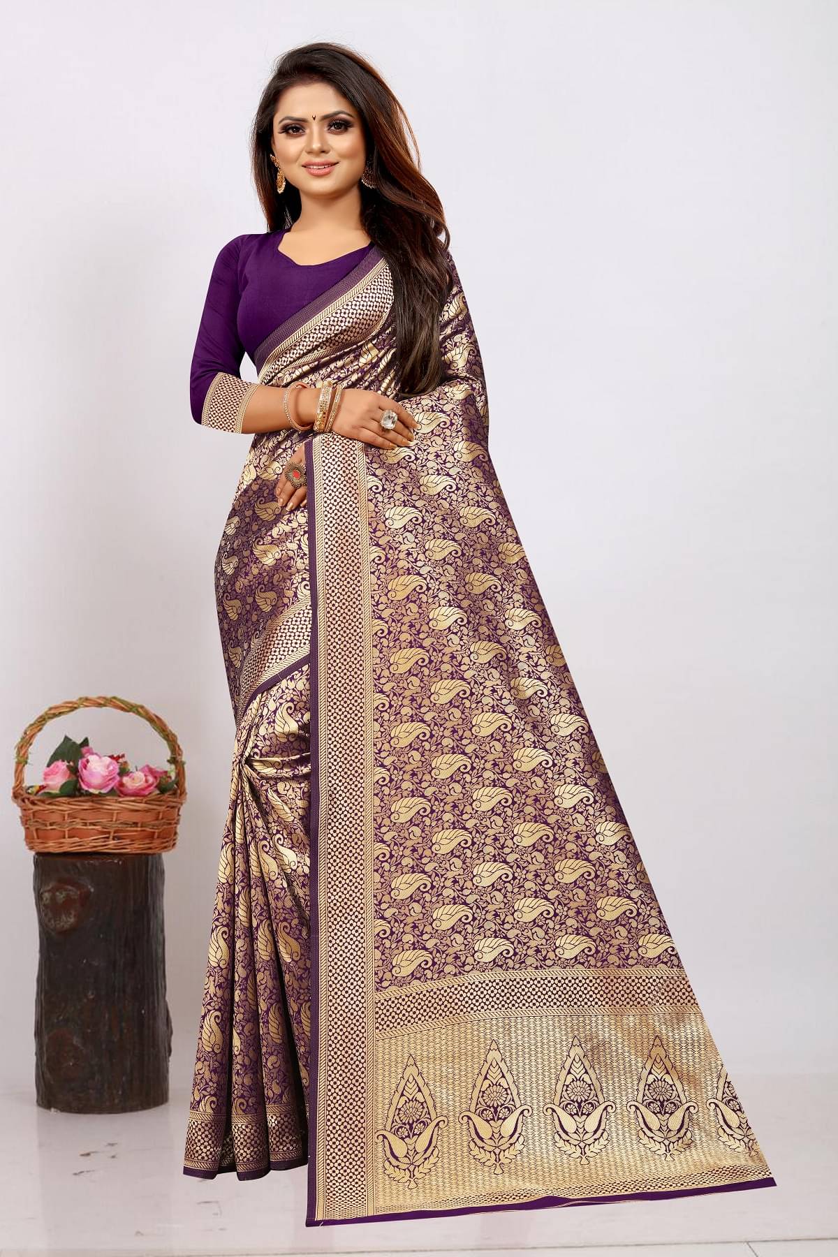 Gazal Fashions Banarasi Silk Printed Saree With Unstitched Blouse Piece ( Purple ) Gazal Fashions Banarasi Silk Printed Saree With Unstitched Blouse Piece ( Purple )