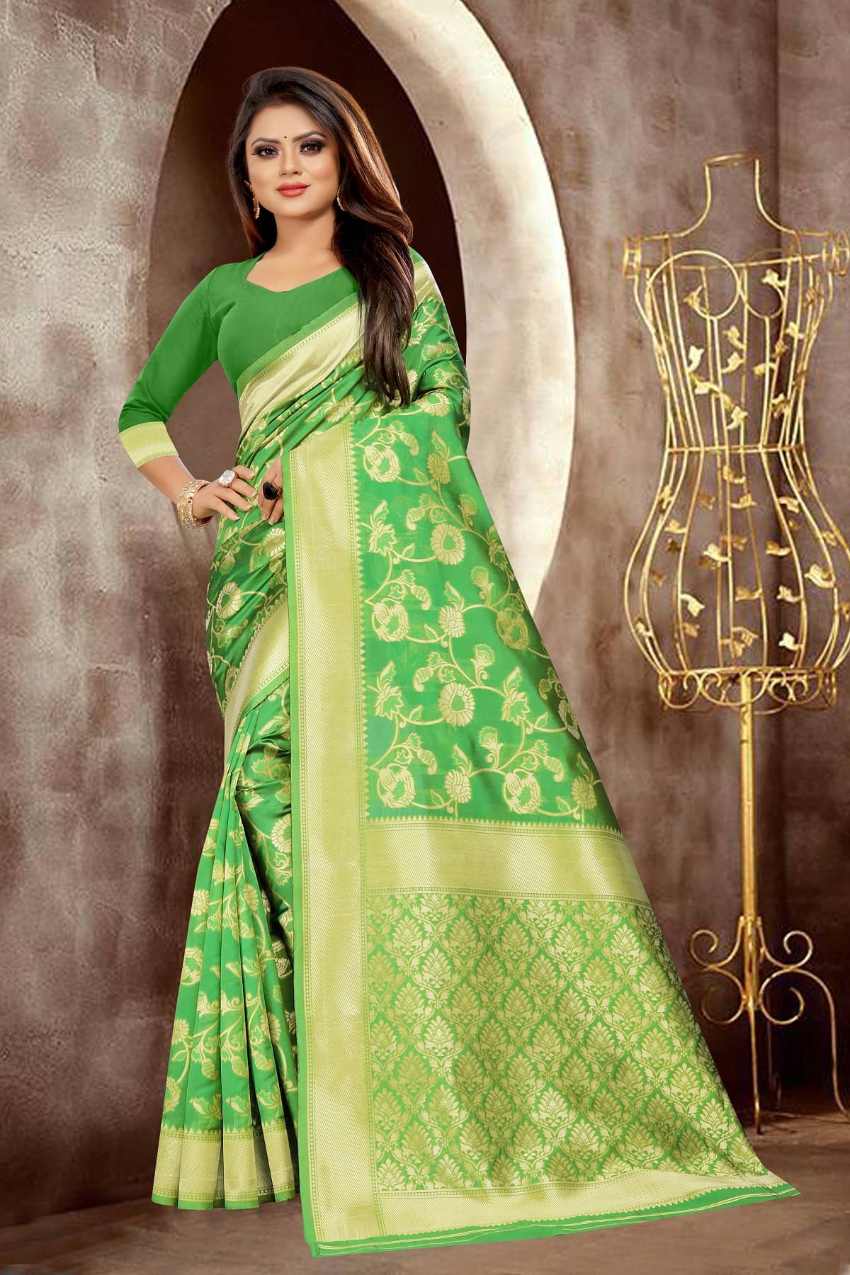 Gazal Fashions Banarasi Silk Self Design Saree With Unstitched Blouse Piece ( Green ) - Sarees | Buy online on ZillyBuy
