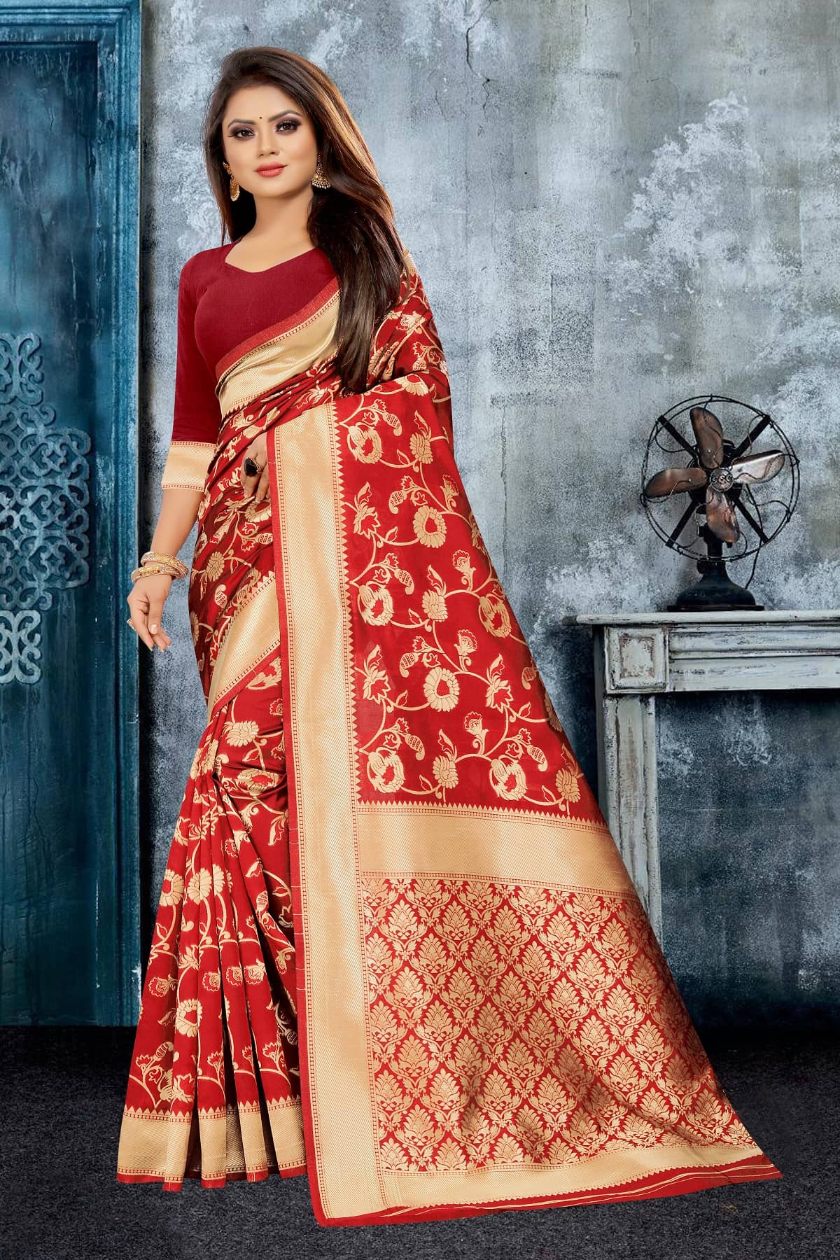 Gazal Fashions Banarasi Silk Printed Saree With Unstitched Blouse Piece ( Maroon ) - Sarees | Buy online on ZillyBuy