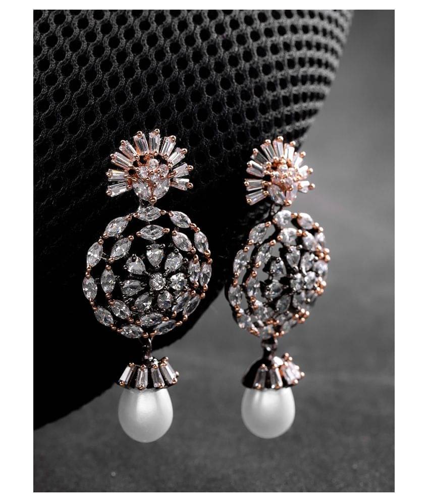     			Priyaasi Floral Shaped Silver Tone American Diamond Earring With Pearl Drop For Women And Girls