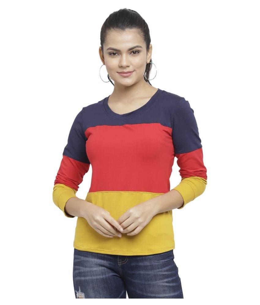     			N-Gal Women Cotton Blend Colorblock Regular Fit Round Neck T-Shirt ( Multi Color )