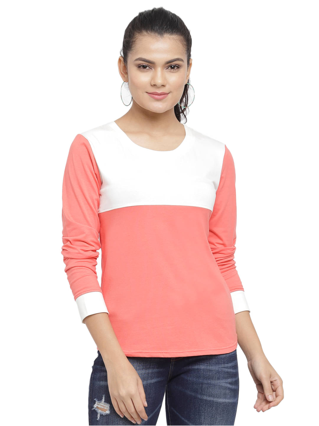     			N-Gal Women Cotton Blend Colorblock Regular Fit Round Neck T-Shirt ( Multi Color )