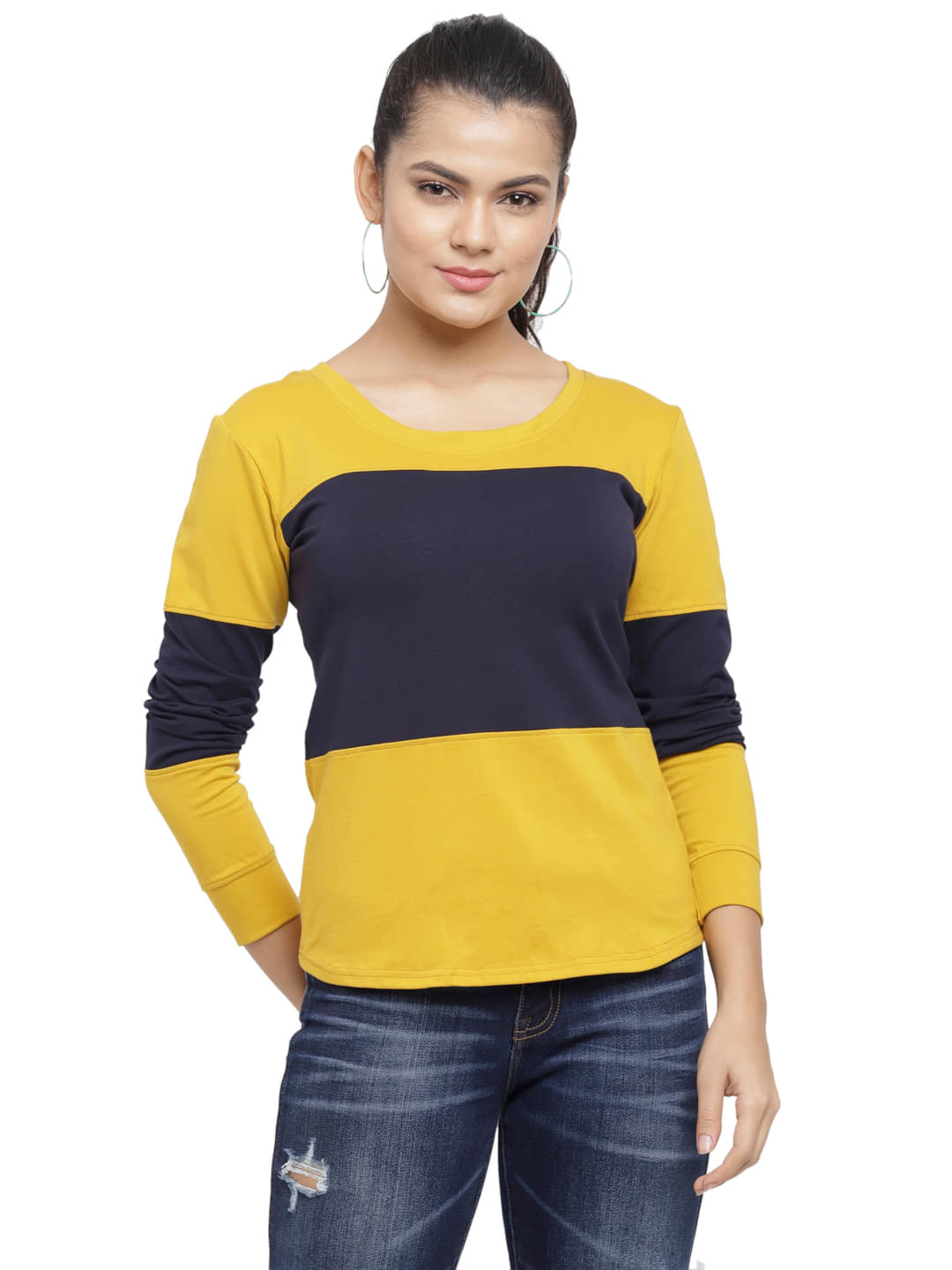     			N-Gal Women Cotton Blend Colorblock Regular Fit Round Neck T-Shirt ( Multi Color )