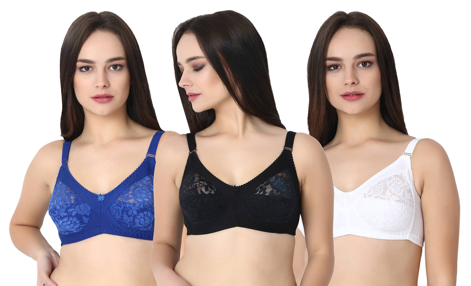 KYODO Pack of 3 Poly Cotton Non Padded Women's Everyday Bra ( Multi Color )