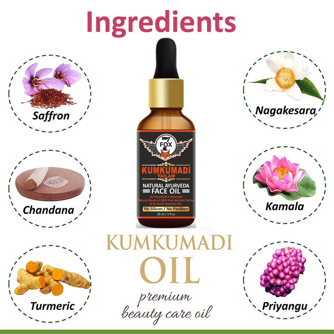 7 FOX Ayurvedic Kumkumadi Face Oil For Skin Brightening Face Serum SPF 2 30 mL