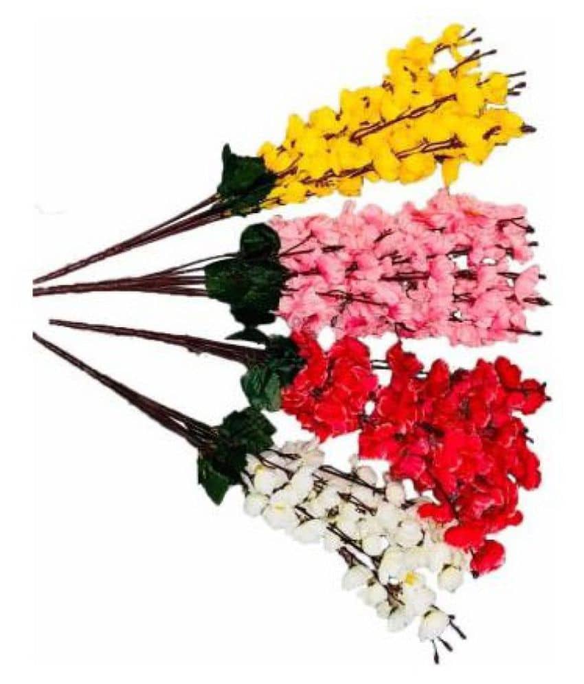 Green plant indoor Orchids Multicolour Artificial Flowers Bunch - Pack of 4